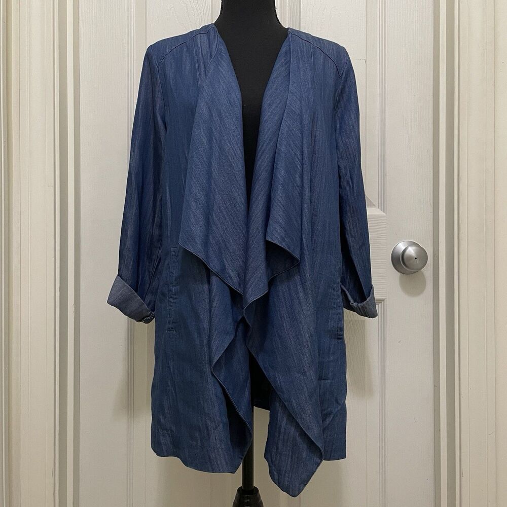 Jaclyn Smith Open Front Waterfall Cardigan Chambray‎ Faux Denim Dark Blue Small